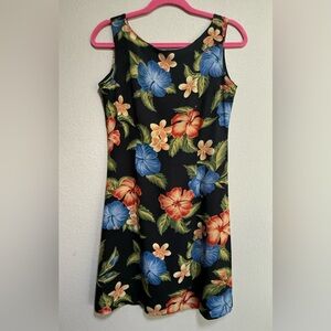 Vtg Reyn Spooner Black Sheath Pencil Dress with Blue & Red Floral Print Sz S